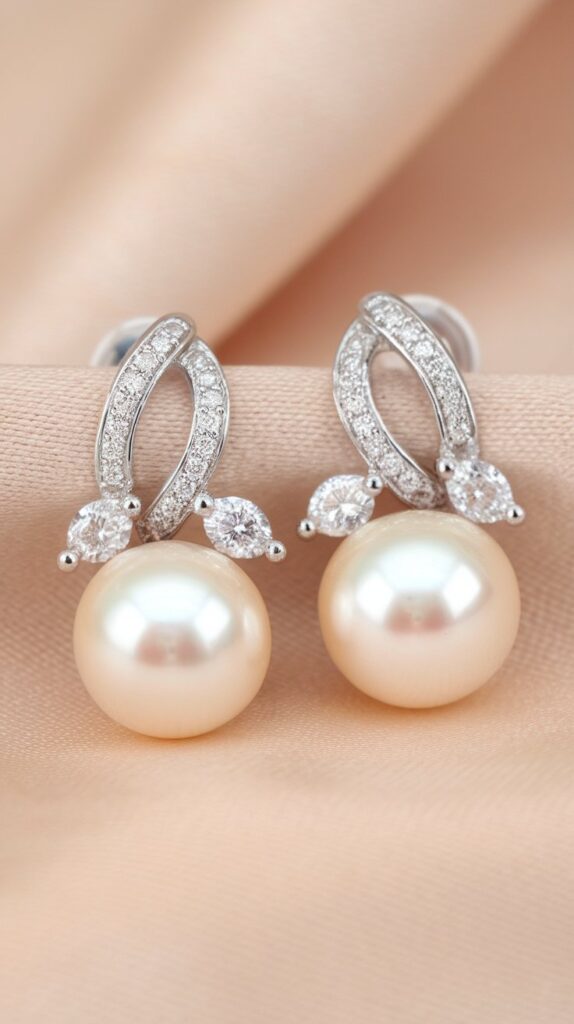 A pair of pearl and diamond earrings on a soft beige fabric background. Each earring features a round pearl and three small diamonds set in a silver-toned metal.