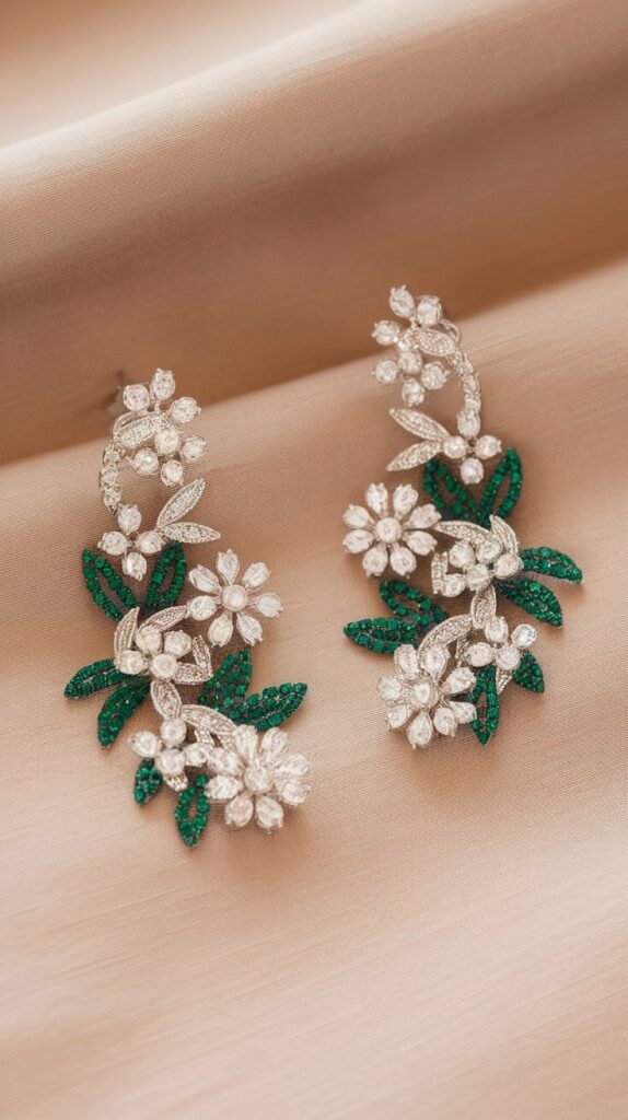 A pair of intricate earrings with white flower and green leaf designs on a beige background.