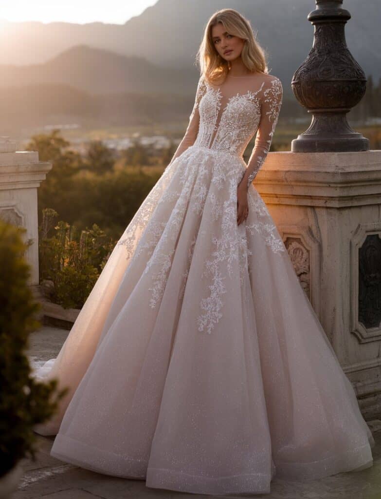 A woman stands outdoors in a flowing, long-sleeved white bridal gown with lace details, a mountain landscape in the background.