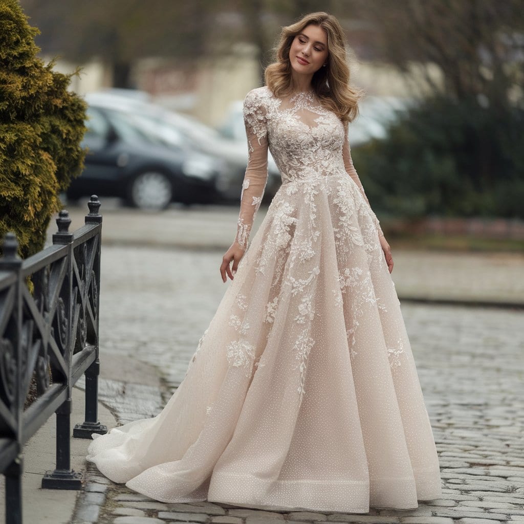 A woman stands outdoors, wearing an elegant, long, light-colored gown with intricate lace detailing, holding the railing with one hand. The background features trees and parked cars.