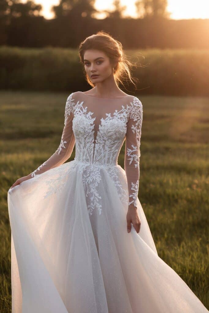 A woman wearing a lace and tulle wedding dress stands in a grassy field at sunset.