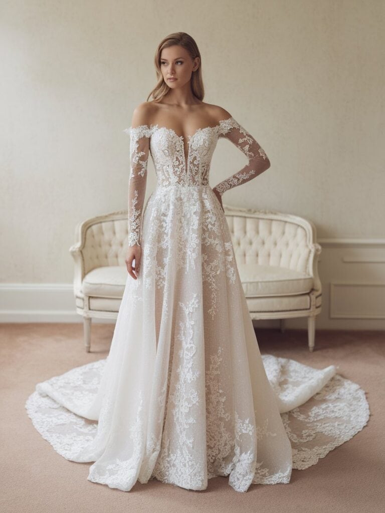 A woman in a lace off-the-shoulder wedding dress stands in a room with a vintage white tufted loveseat and a beige carpet.