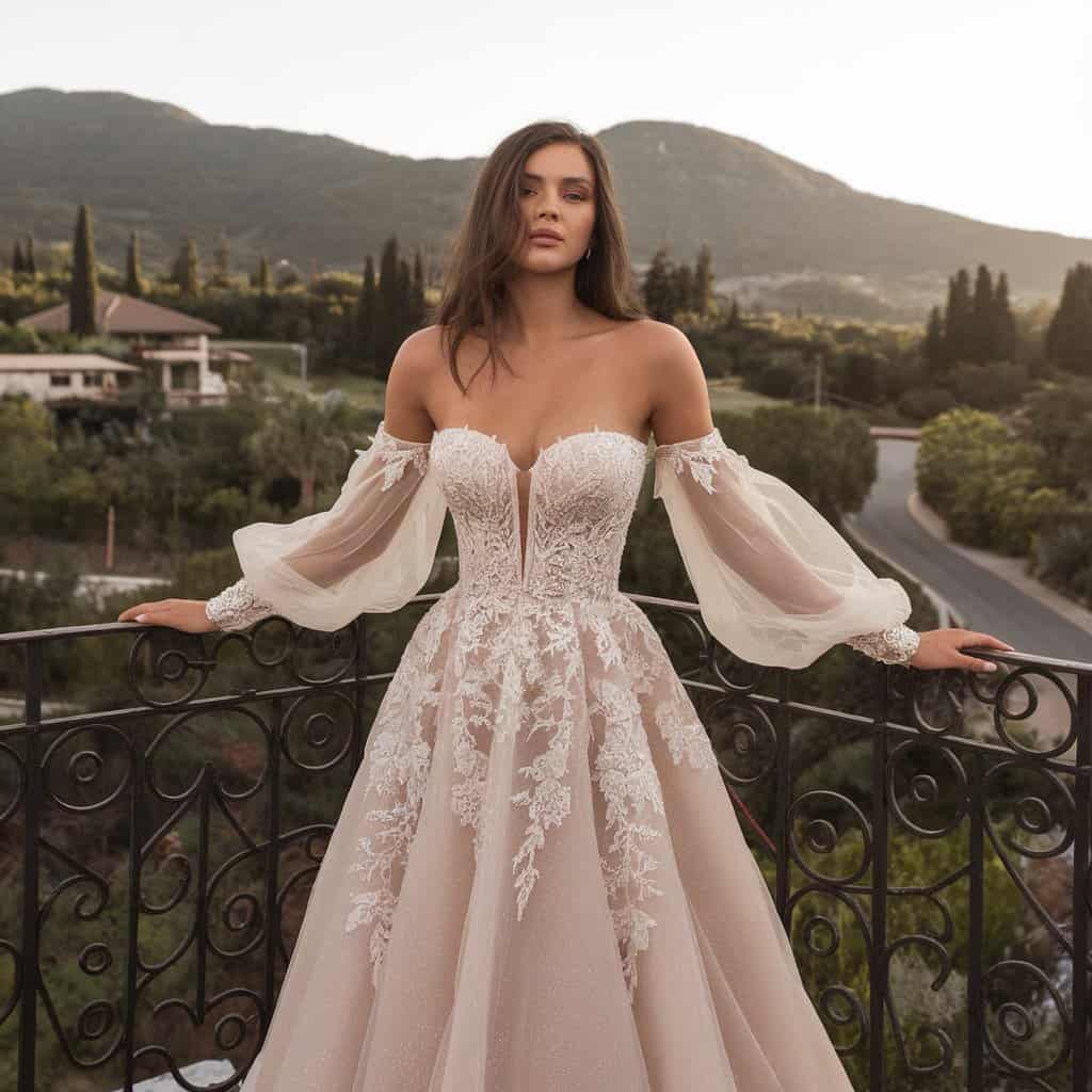 A woman in an off-the-shoulder, lace wedding gown stands on a balcony overlooking a scenic landscape with mountains and greenery in the background.