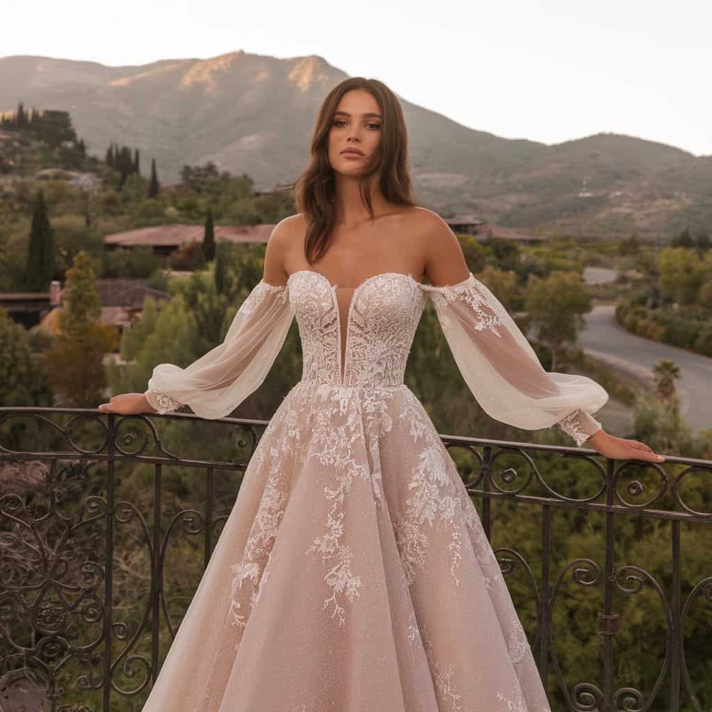 A woman in an off-shoulder lace wedding dress stands on a balcony overlooking a scenic landscape with mountains and greenery.