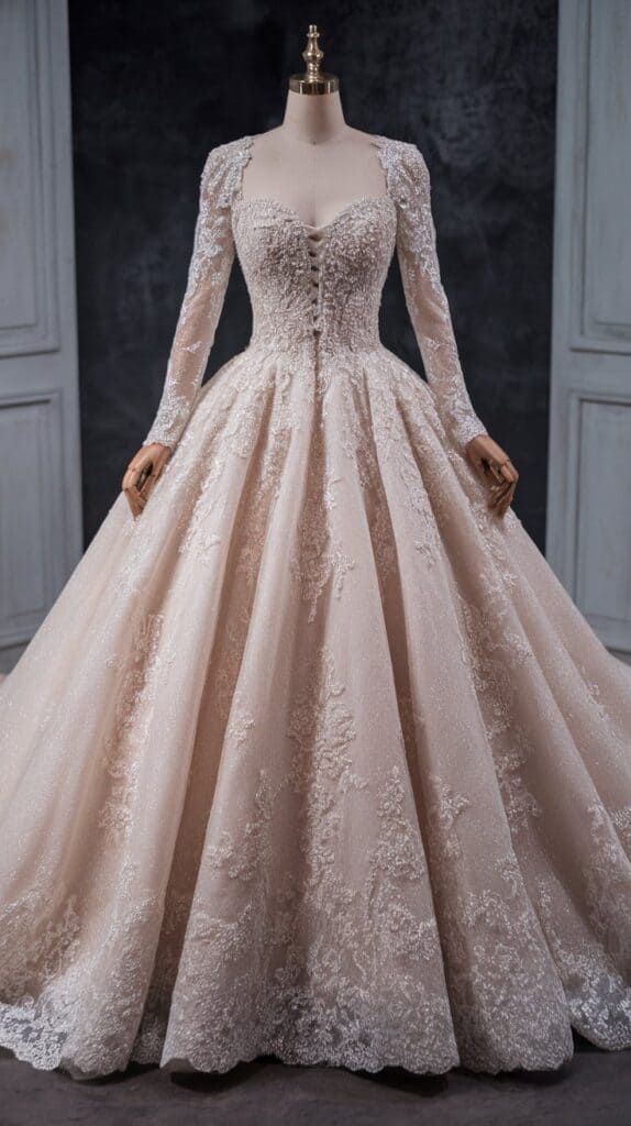 A detailed ball gown dress with long lace sleeves and intricate embroidery, displayed on a mannequin. The dress has a fitted bodice and a generously flared skirt.