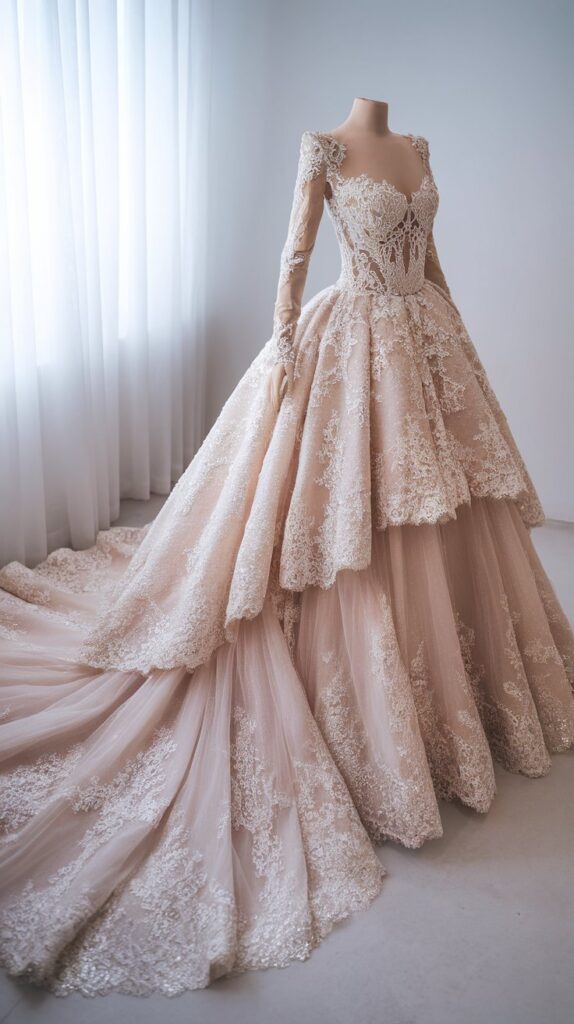 A mannequin is dressed in an elaborate, long-sleeve lace wedding gown with a tiered, voluminous skirt and a long train, displayed near a white curtain.