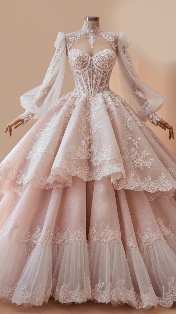 A mannequin displays an elaborate blush pink lace wedding dress with long sleeves, a fitted bodice, and multiple layered skirts adorned with intricate floral designs.