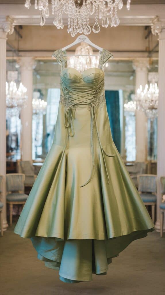 Elegant green strapless gown with lace detailing and waist lacing, hanging in a luxurious room with chandeliers and mirrored walls, on a white hanger.