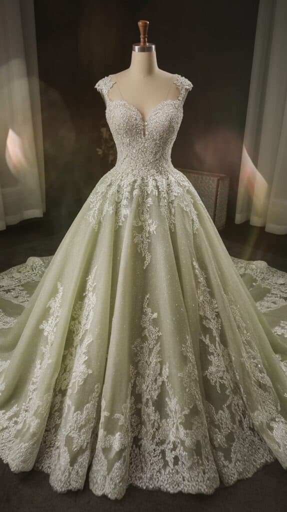 A mannequin showcases an elegant wedding dress with a fitted beaded bodice, delicate lace sleeves, and a voluminous skirt adorned with intricate lace detailing.