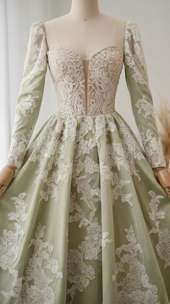 A long-sleeved, light green dress displayed on a mannequin, featuring intricate white lace detailing across the bodice and skirt.