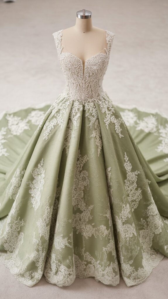 A green ball gown with a fitted lace bodice and intricate lace appliqué extending over the full skirt and train is displayed on a dress form.