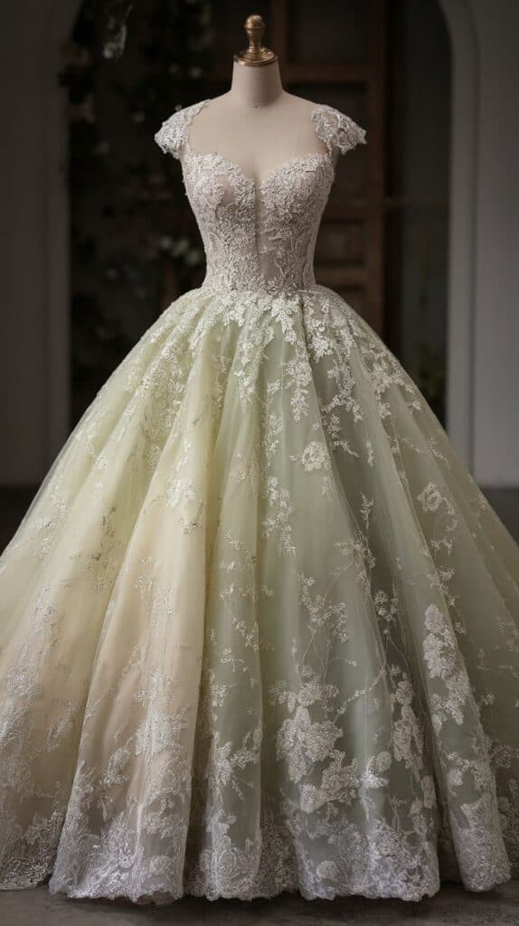 A lace-detailed, off-white bridal gown with cap sleeves is displayed on a mannequin, featuring a full skirt with floral embroidery.