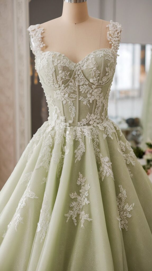 A pale green, intricately embroidered lace wedding gown displayed on a dress form.