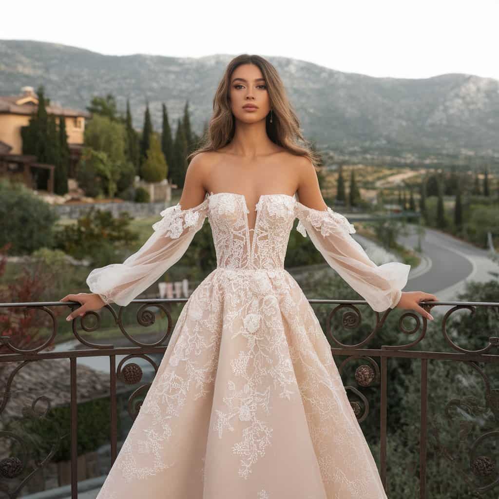 A woman stands outdoors wearing an off-shoulder, lace wedding gown with long sheer sleeves, against a scenic background of mountains and trees.