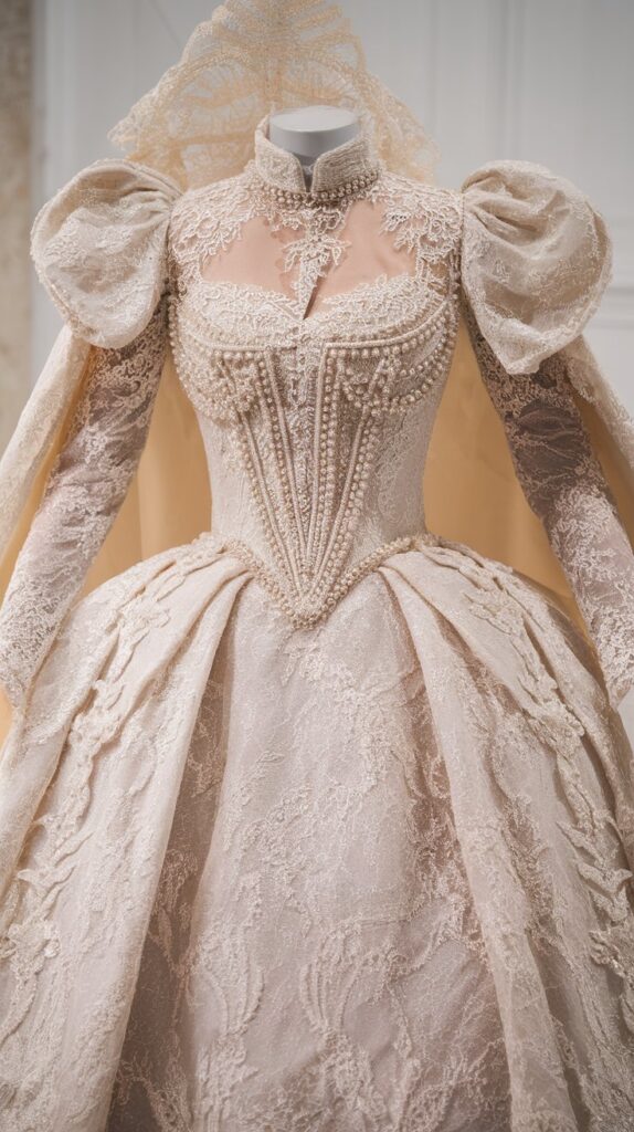 A detailed vintage-style dress featuring puffed sleeves, intricate lacework, pearl embellishments, and a high neckline displayed on a mannequin.