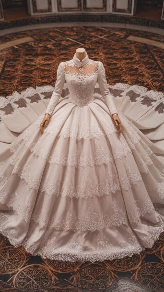 A detailed mannequin displays an ornate, tiered, long-sleeved wedding dress with intricate lacework on a patterned wooden floor.