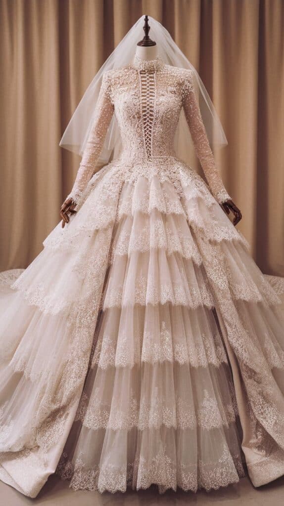 A mannequin displays an intricate white wedding dress with a tiered lace skirt, long lace sleeves, a high neckline, and a matching veil, set against a neutral background.