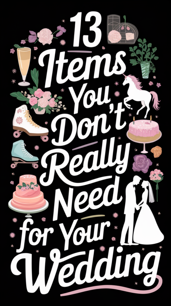 Black background illustrated with wedding-related images like flowers, cakes, and a unicorn. Text reads, "13 Items You Don't Really Need for Your Wedding.