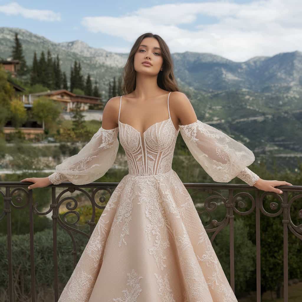 A woman in a detailed lace wedding gown with off-the-shoulder sleeves stands against a backdrop of mountains and rustic houses, hands resting on an ornate metal railing.