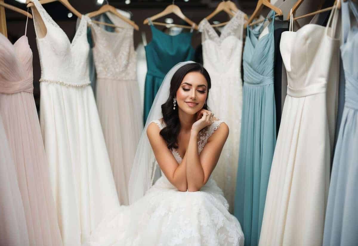 A serene bride-to-be surrounded by a variety of simple wedding dress designs, carefully considering each one with a content smile