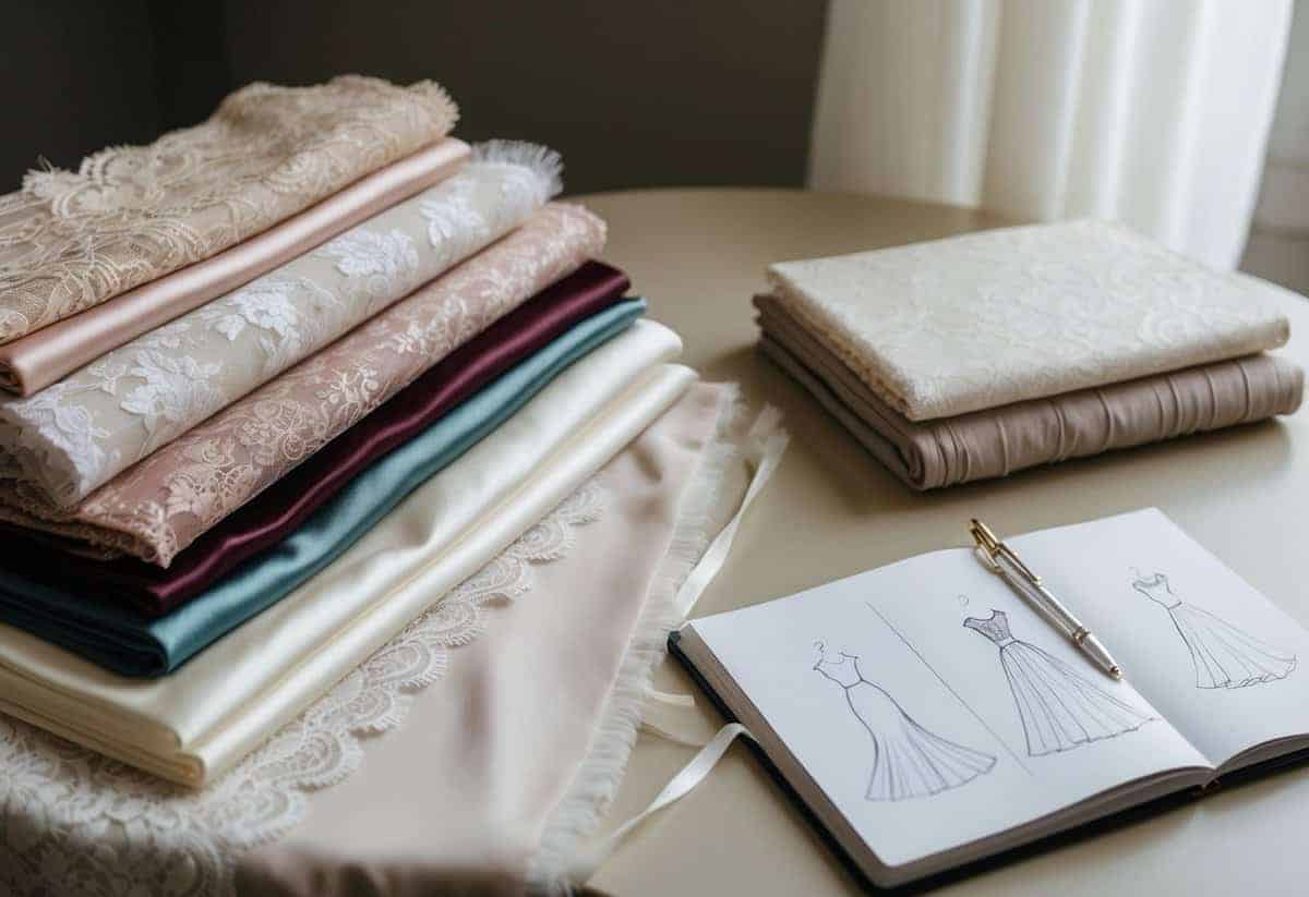 A variety of fabric swatches spread out on a table, including lace, tulle, satin, and chiffon. A sketchbook with wedding dress designs sits nearby