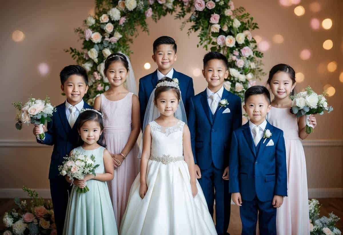 A group of children in elegant wedding attire, surrounded by flowers and decor in coordinating colors