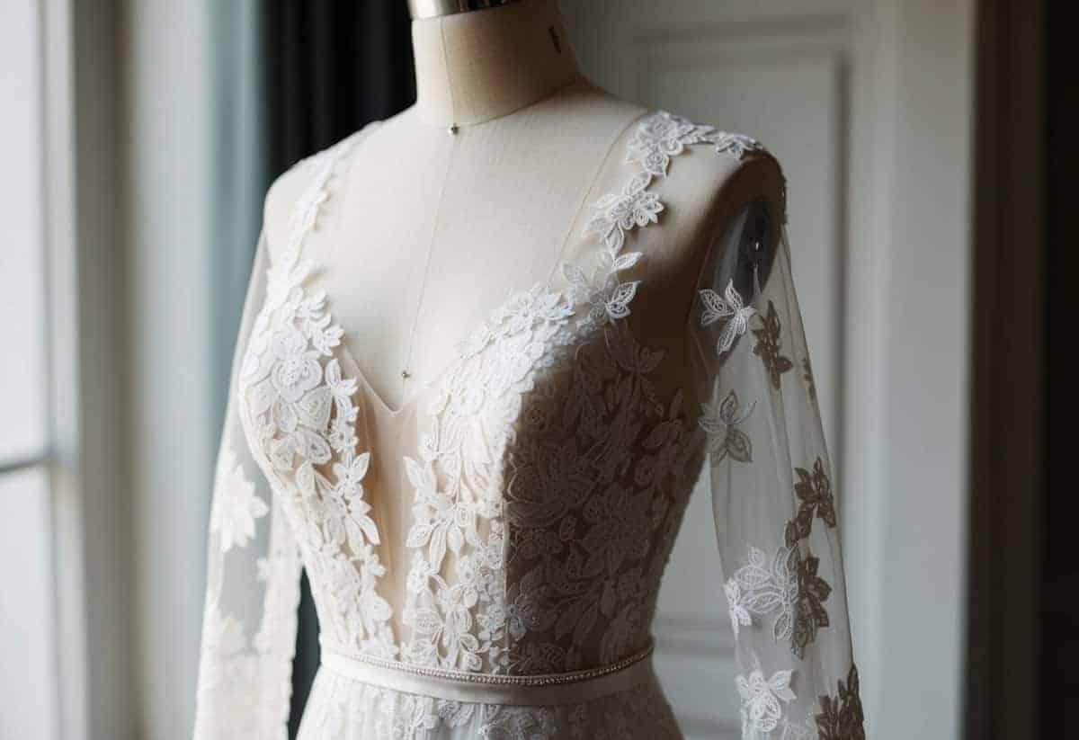 An elegant lace bridal gown with sleeves draping over a mannequin