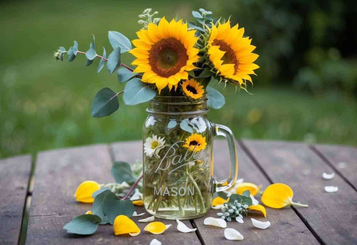 A wooden table with a mason jar filled with sunflowers, eucalyptus, and other wildflowers, surrounded by scattered petals and greenery