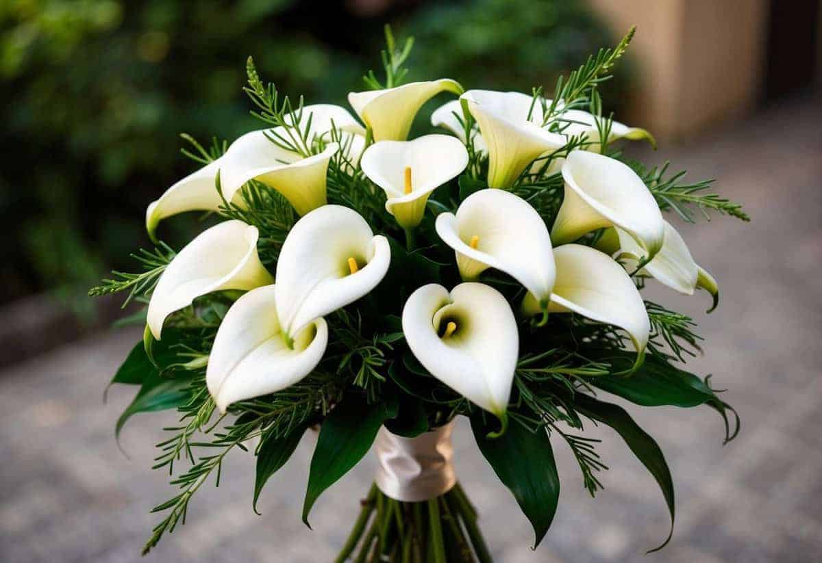 A lush bouquet of white calla lilies, accented with delicate greenery, held together with a satin ribbon