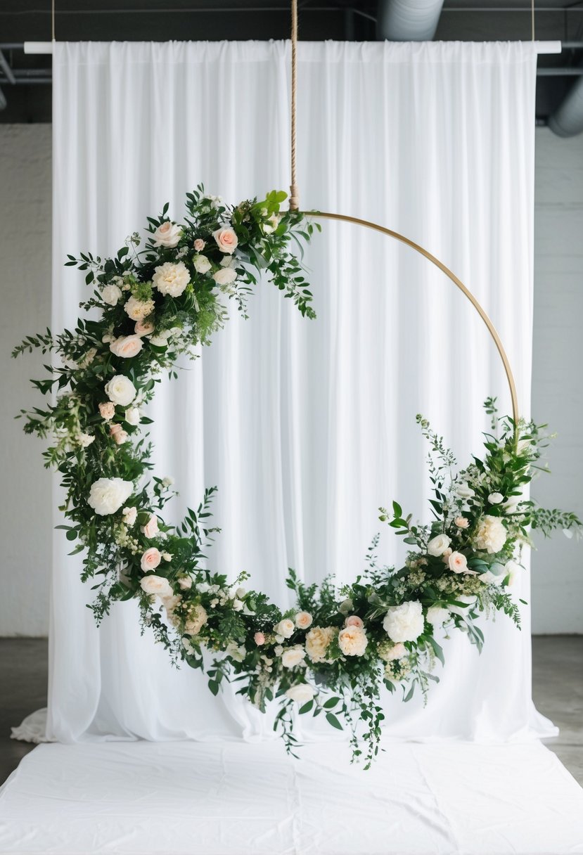 A large floral hoop suspended against a white backdrop, adorned with various flowers and greenery, creating a romantic and elegant wedding decor