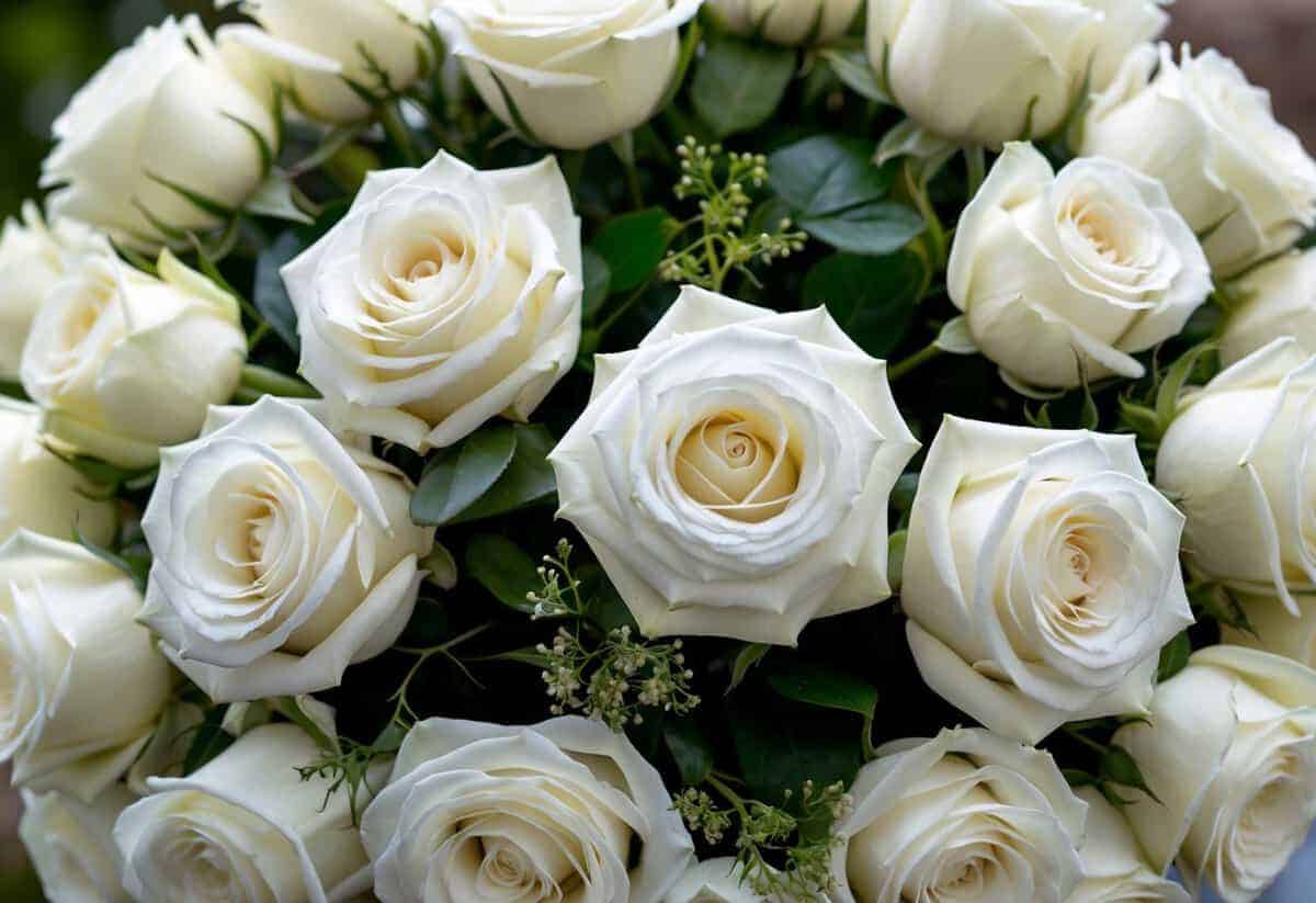 A bouquet of classic white roses arranged in a round, overflowing shape, with delicate greenery peeking out from between the blooms