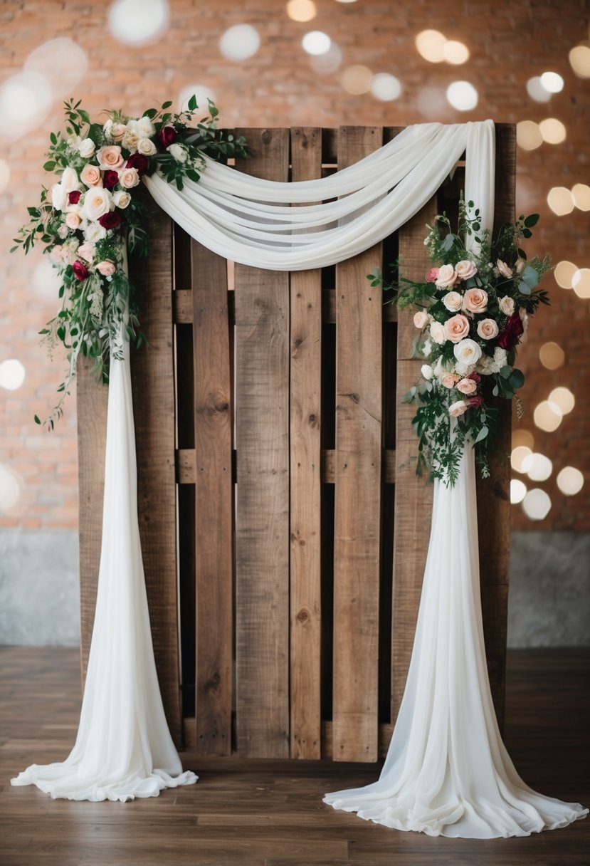 A rustic wooden pallet wedding backdrop adorned with flowers and draped fabric