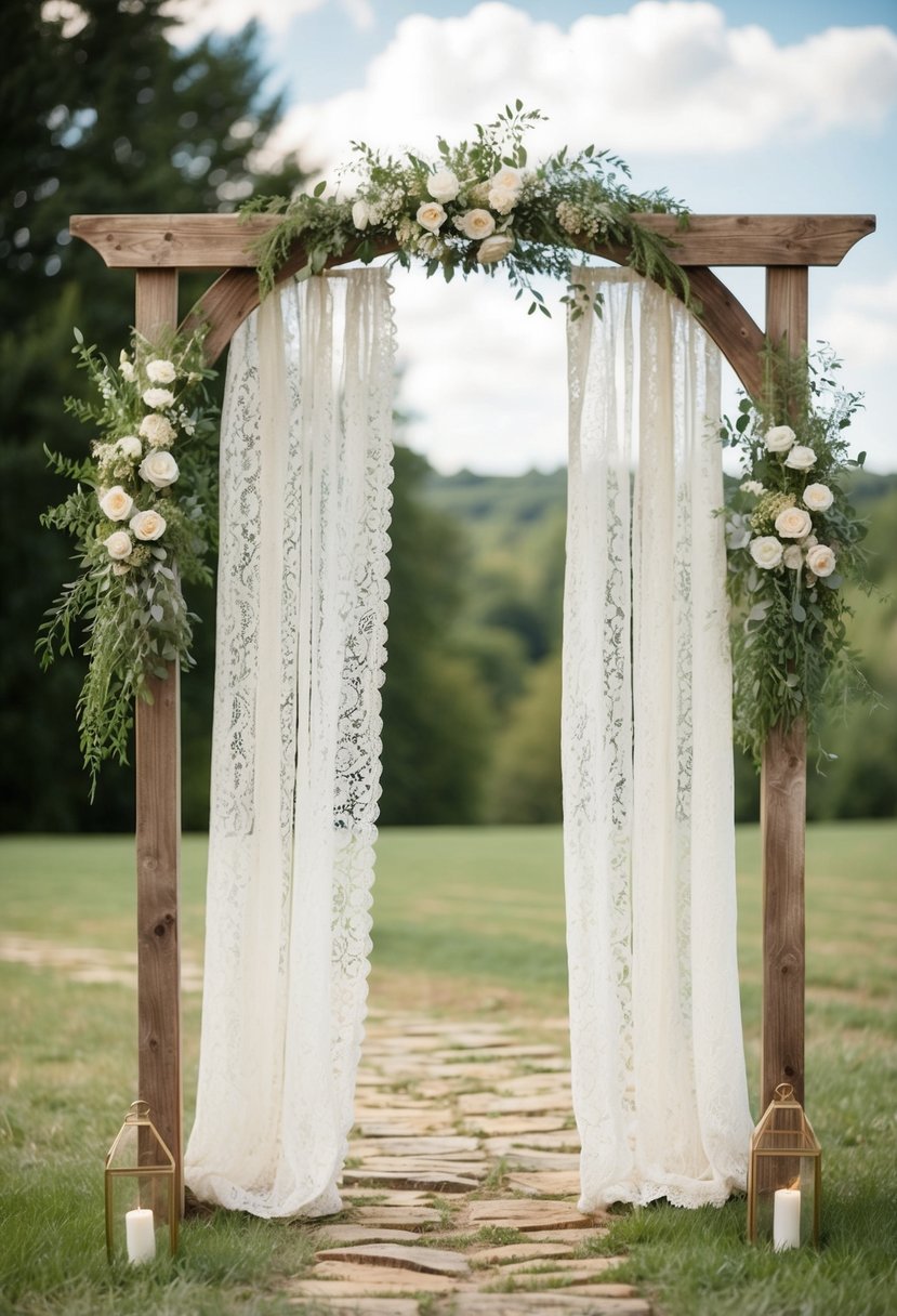 A rustic wooden arch adorned with vintage lace curtains creates a romantic wedding backdrop