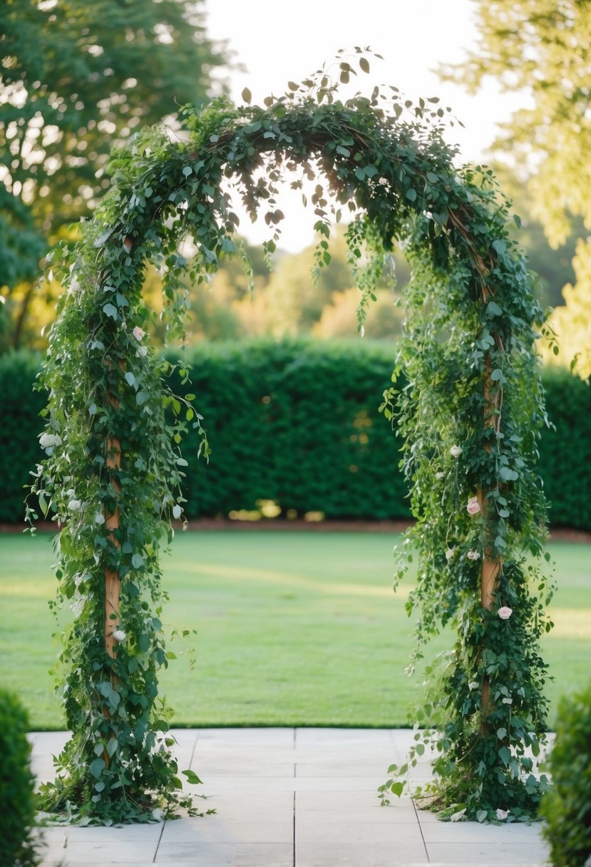 A garden arch adorned with cascading leaves, creating a romantic wedding backdrop