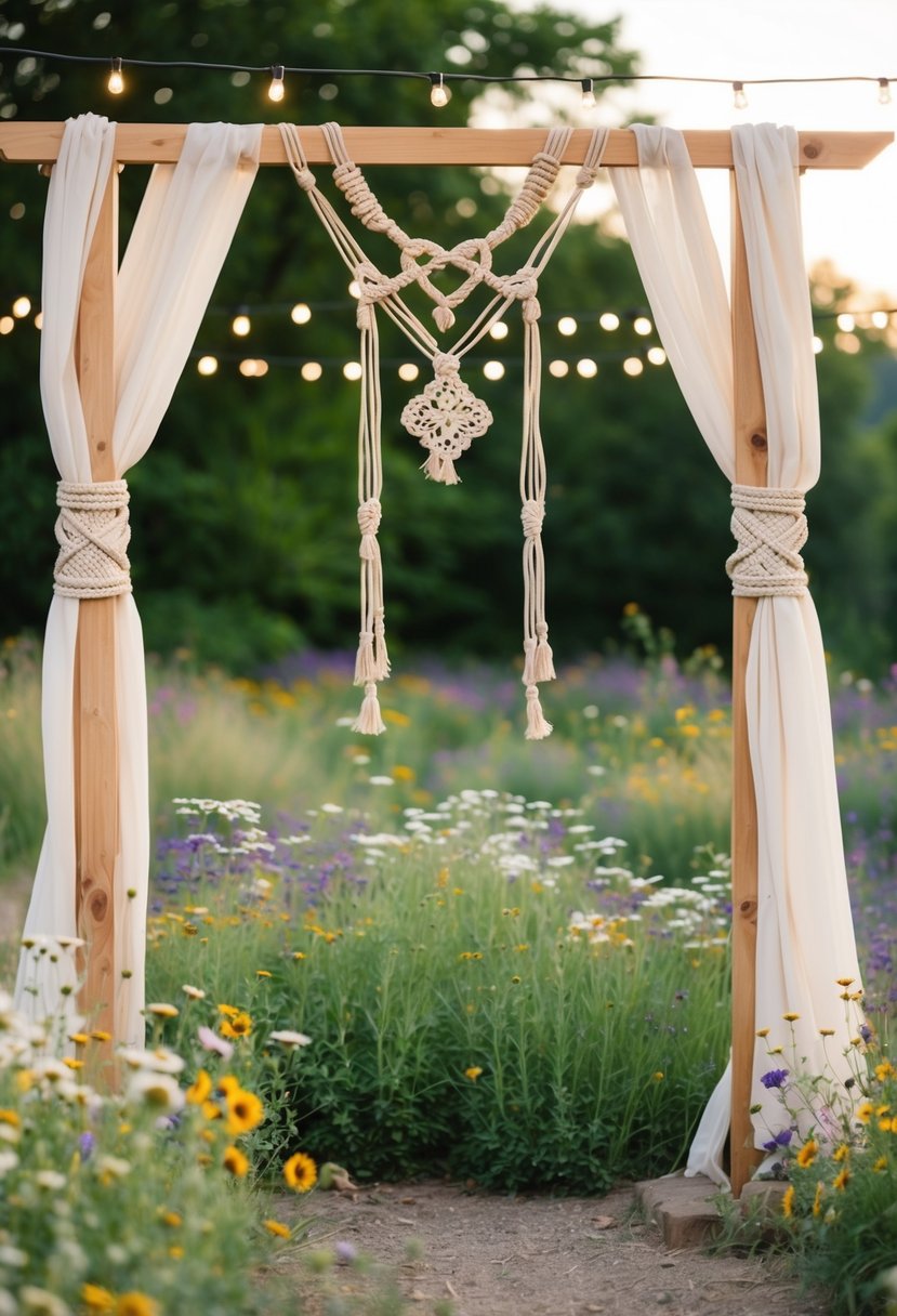 A rustic outdoor setting with a wooden arch adorned with macrame knots and flowing fabric, surrounded by wildflowers and twinkling string lights