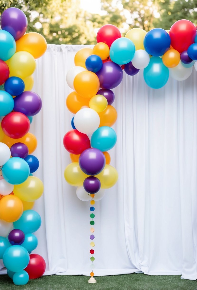 A colorful balloon garland cascades down a white backdrop, creating a festive and whimsical atmosphere for a wedding celebration