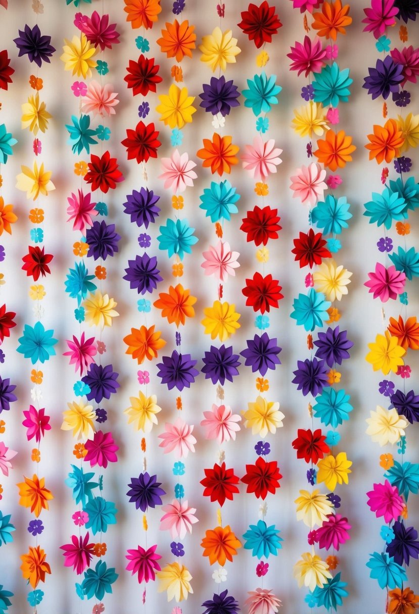 A colorful array of paper flowers arranged in a cascading pattern against a white backdrop, creating a vibrant and whimsical wedding decoration