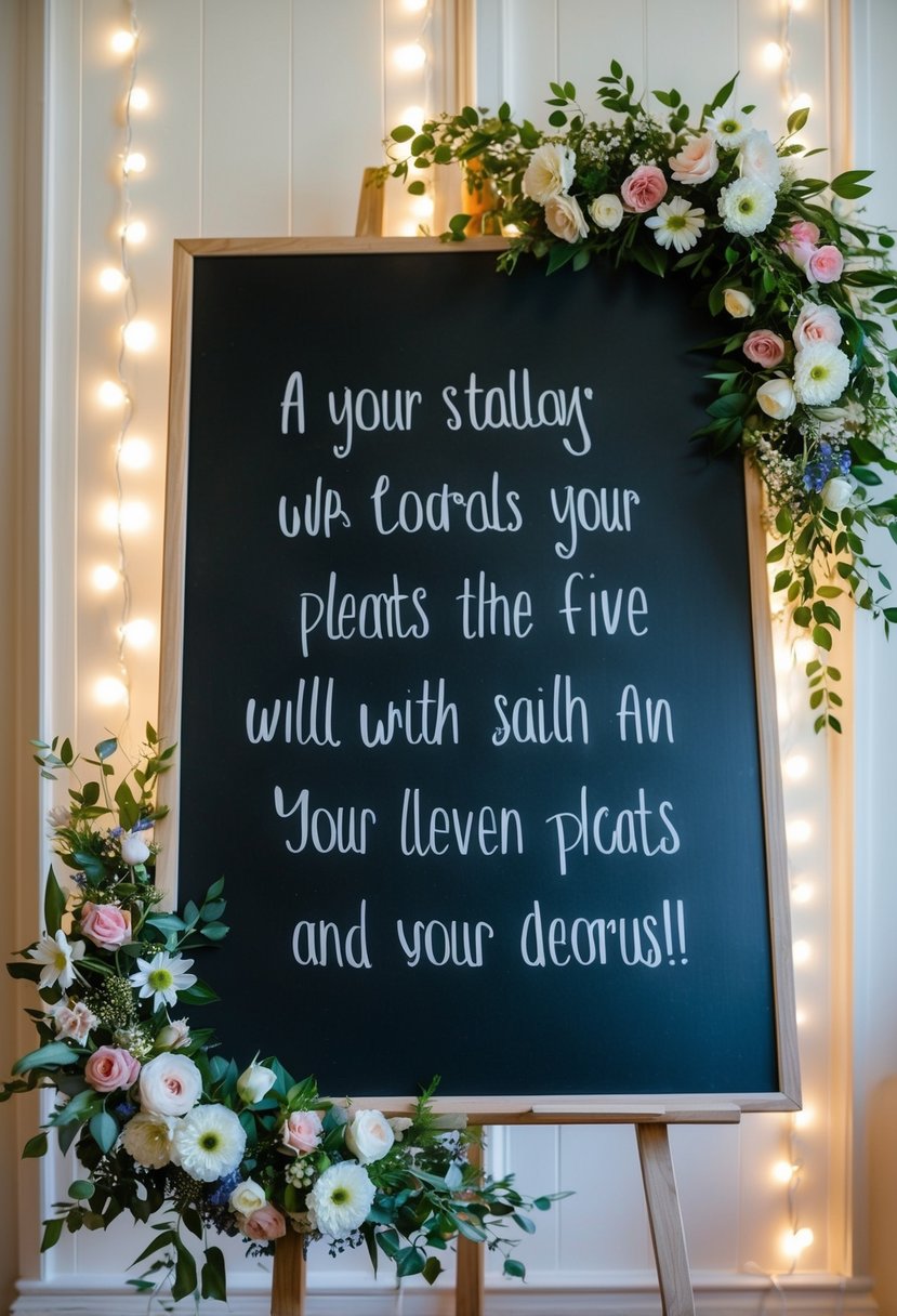 A chalkboard with a personalized message surrounded by floral decorations and hanging fairy lights