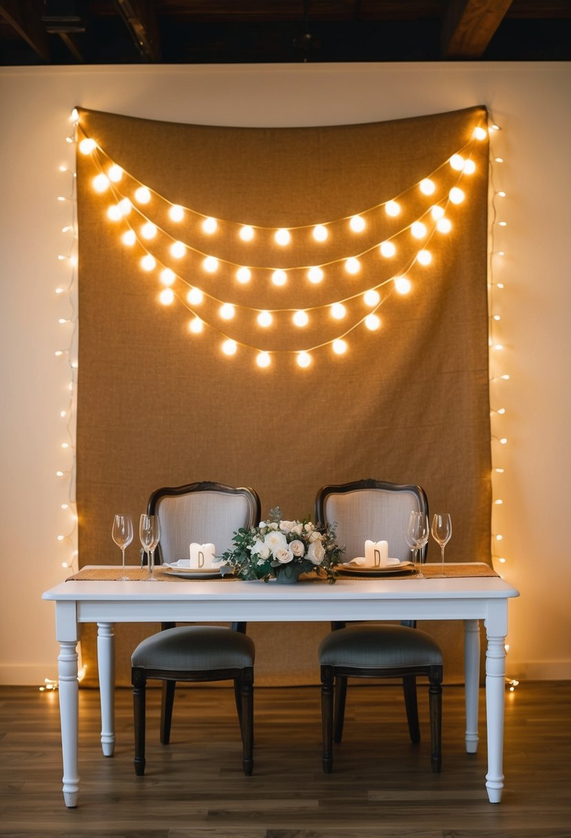 A burlap and fairy light wedding backdrop with rustic charm and warm ambiance