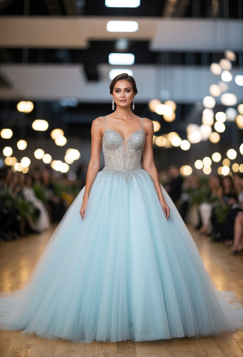 A tulle ball gown with a beaded bodice cascading down to the floor