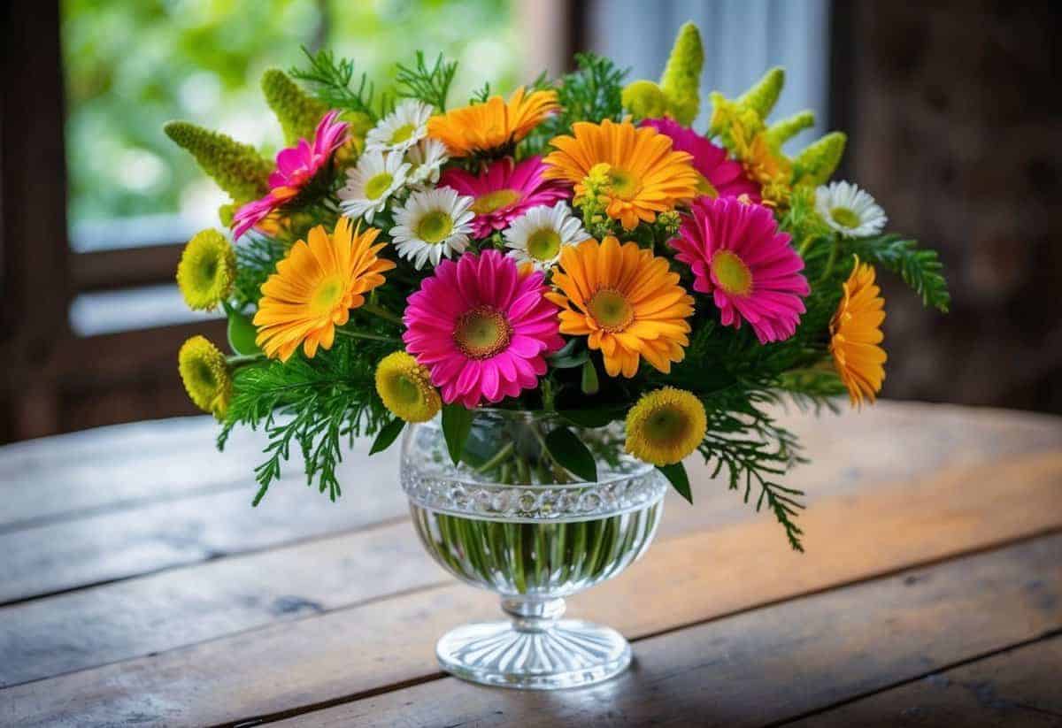 A colorful bouquet of vibrant daisies, accented with greenery, sits in a crystal vase on a rustic wooden table