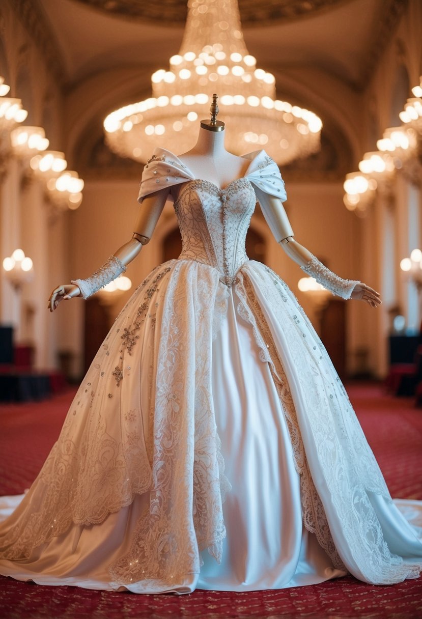 A grand ballroom with a regal princess gown draped over a mannequin, adorned with intricate lace details and shimmering embellishments