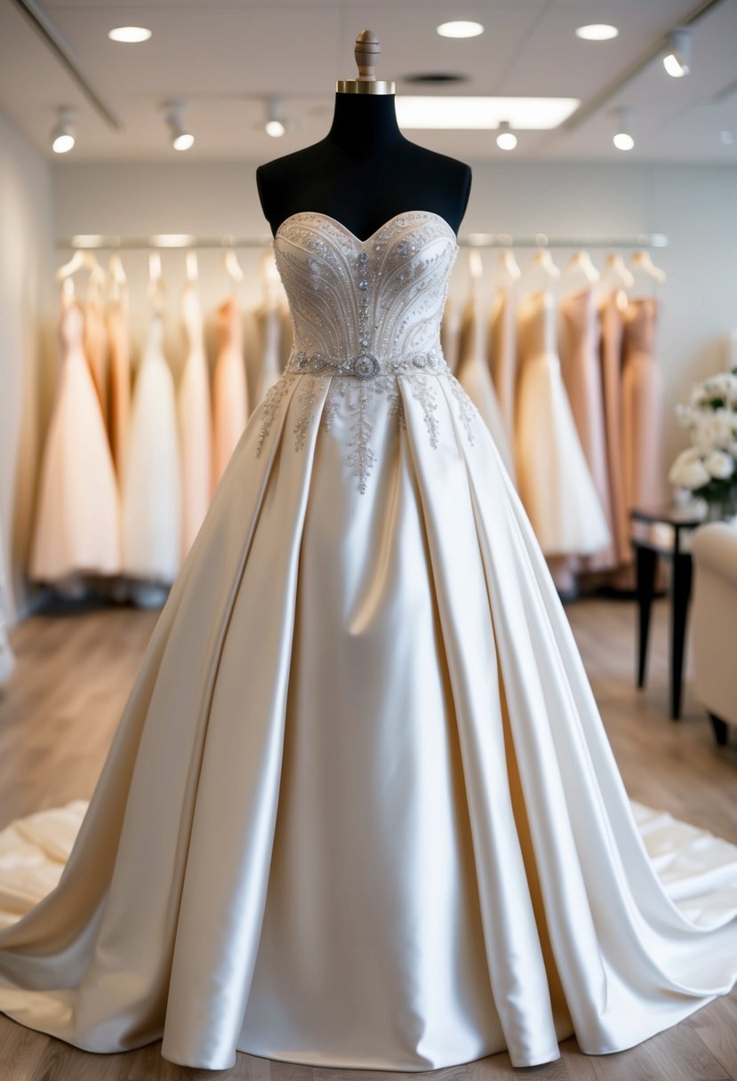 A strapless satin ball gown drapes elegantly over a mannequin, adorned with delicate lace and intricate beading, in a softly lit bridal boutique