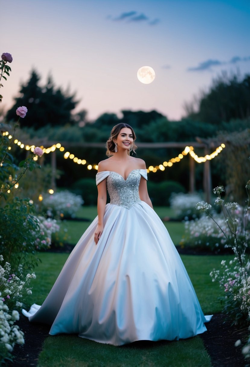 A sparkling off-the-shoulder satin ball gown glides across a moonlit garden, surrounded by delicate blooms and twinkling fairy lights