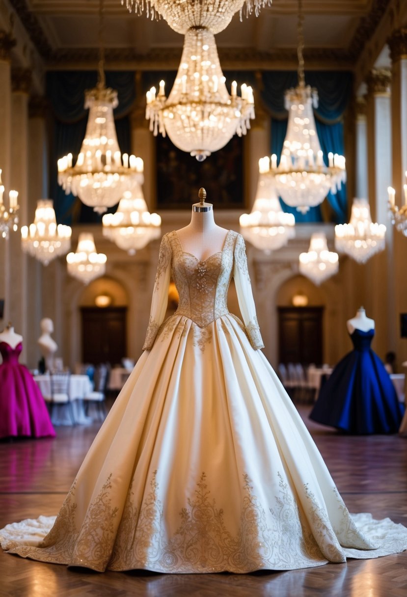 A grand ballroom with chandeliers and ornate decor, a vintage-inspired ball gown with sleeves displayed on a mannequin in the center