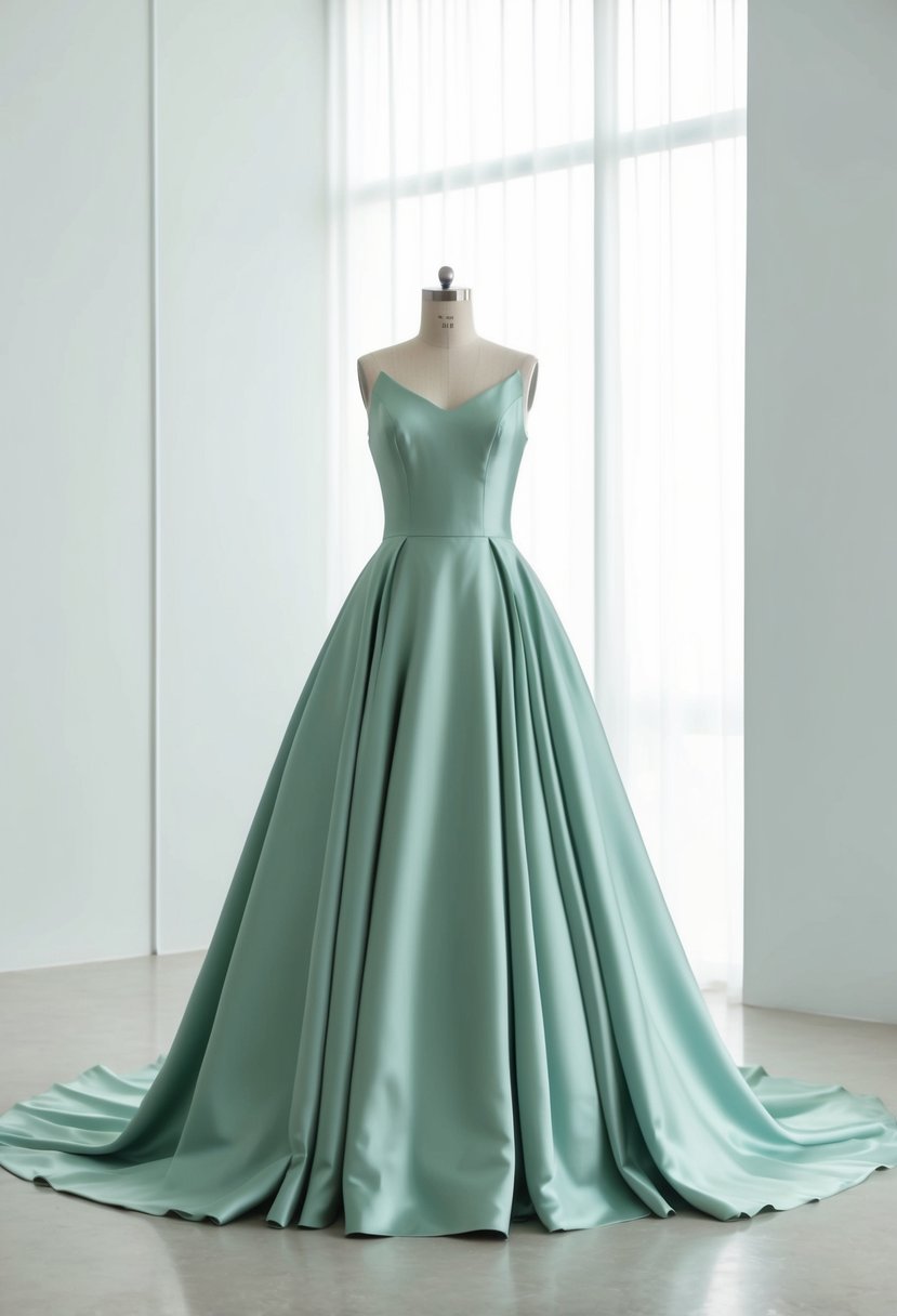 A simple, flowing silk ball gown in a serene, minimalist setting with soft lighting and clean lines