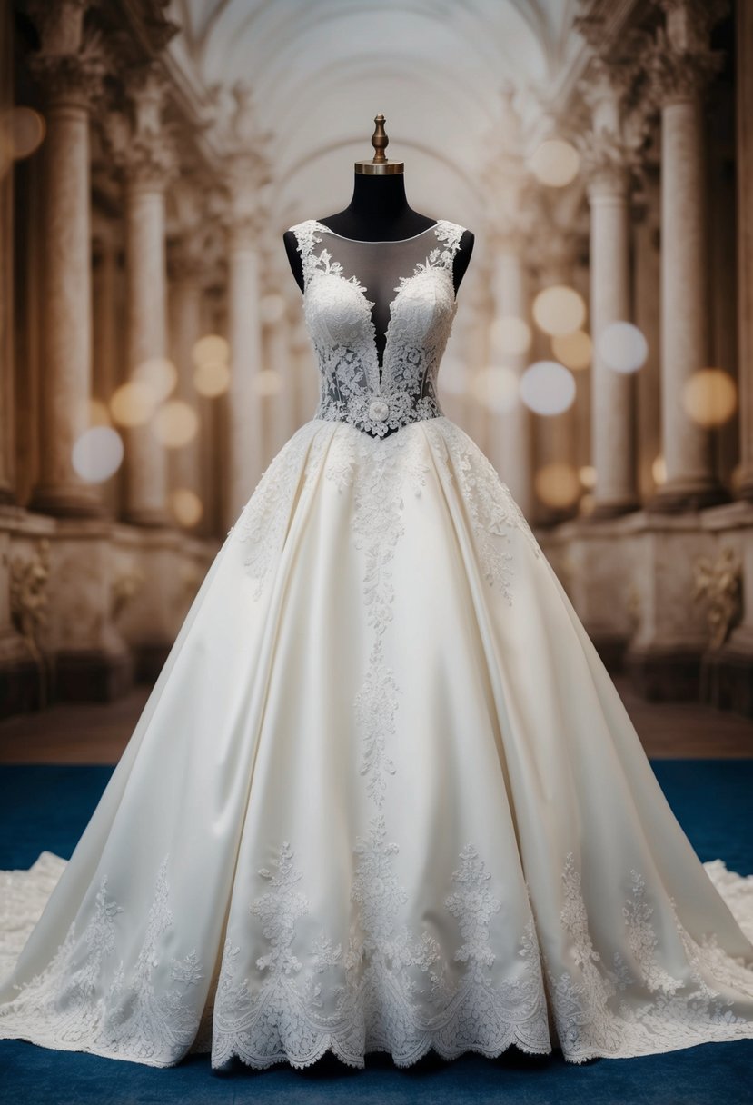 A regal ball gown with an illusion neckline, cascading fabric, and intricate lace details, set against a grand, ornate backdrop