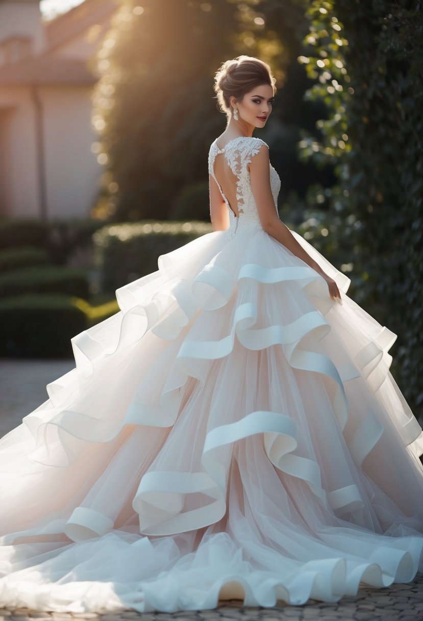 A voluminous tulle ball gown cascading in layers, with delicate lace detailing and a flowing train