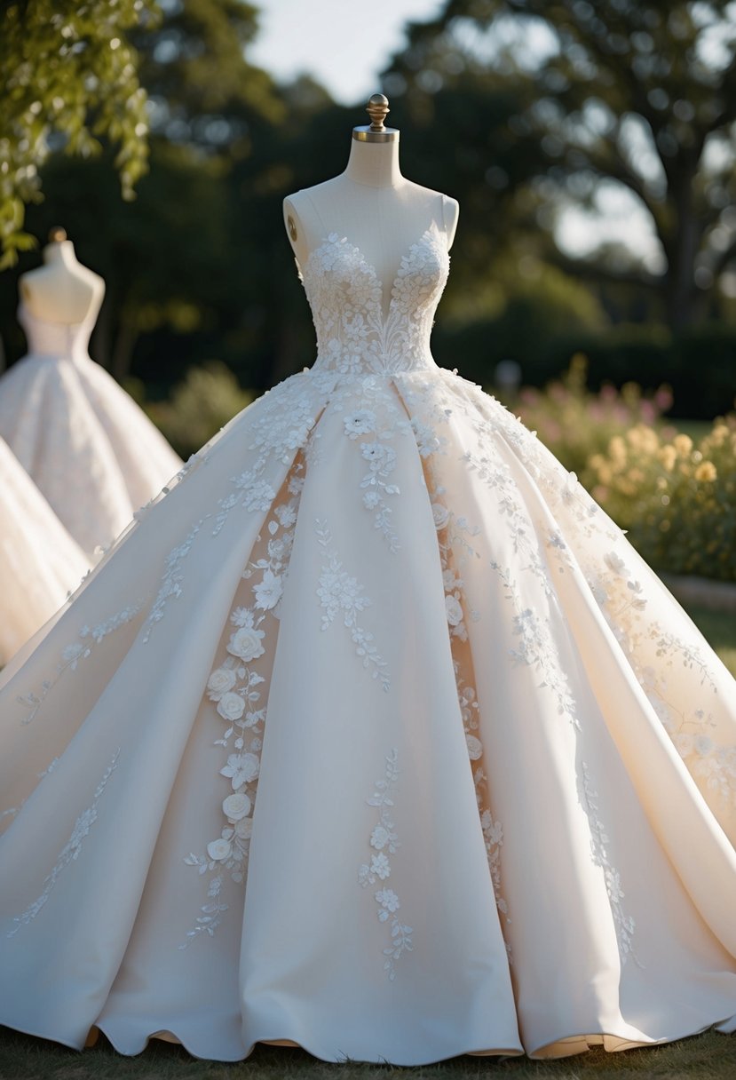 A grand ball gown with delicate floral appliqué cascading down the skirt, creating a romantic and elegant wedding dress