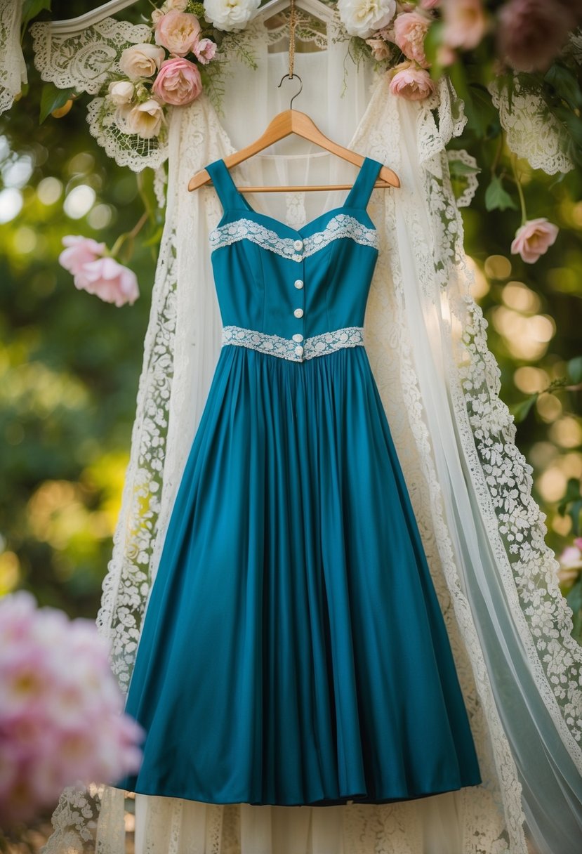 A vintage-inspired tea-length dress hanging on a decorative hanger, surrounded by delicate lace and floral accents